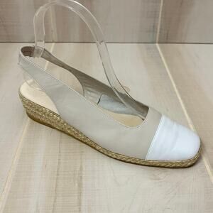 Andre Assous White & Beige Leather Slingback Espadrille Wedge Sandals Women’s 8